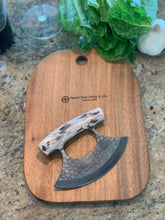 Load image into Gallery viewer, Damascus Full Tang Antler Ulu with Walnut Cutting Board
