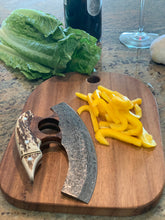Load image into Gallery viewer, Damascus Full Tang Antler Eagle Ulu with Walnut Cutting Board
