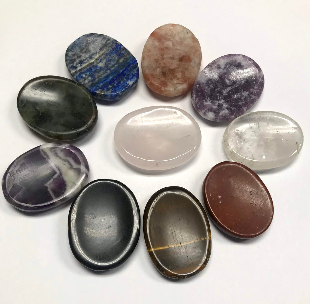 Chakra, Reiki Infused Hand Carved Pocket Thumb and Palm Worry Stones for Stress Relief and Energy 10 Piece Collection – Ezina Designs Meditation Collection