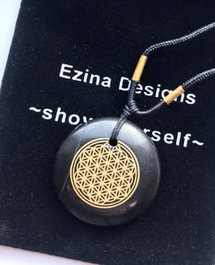 Black Agate Flower of Life Amulet - Ezina Designs Meditation Collection