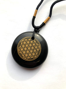 Black Agate Flower of Life Amulet - Ezina Designs Meditation Collection