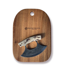 Load image into Gallery viewer, Damascus Full Tang Antler Ulu with Walnut Cutting Board

